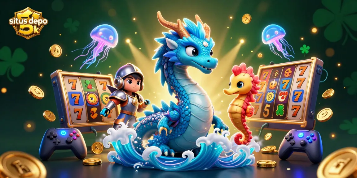Experience the excitement of situs depo 5k with glowing slot reels, as a mystical water dragon and seahorse knight create an enchanting aura.