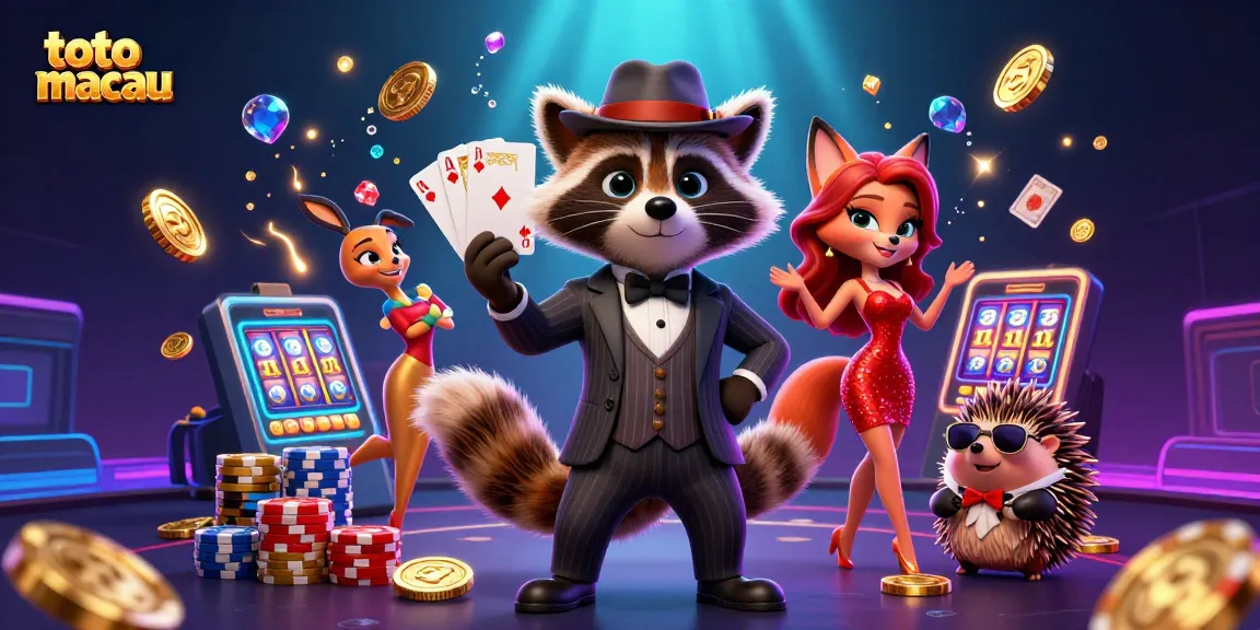 Play exciting games at toto macau with a charming raccoon and fox in a vibrant casino scene.