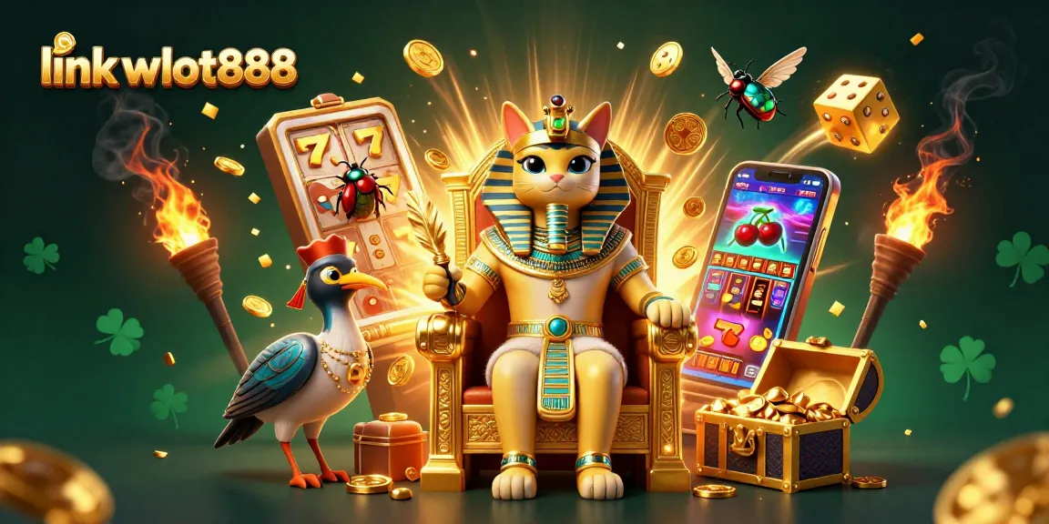 Menghadirkan link wslot888, ilustrasi kasino dengan kucing firaun, mesin slot, dan efek jackpot yang memukau.