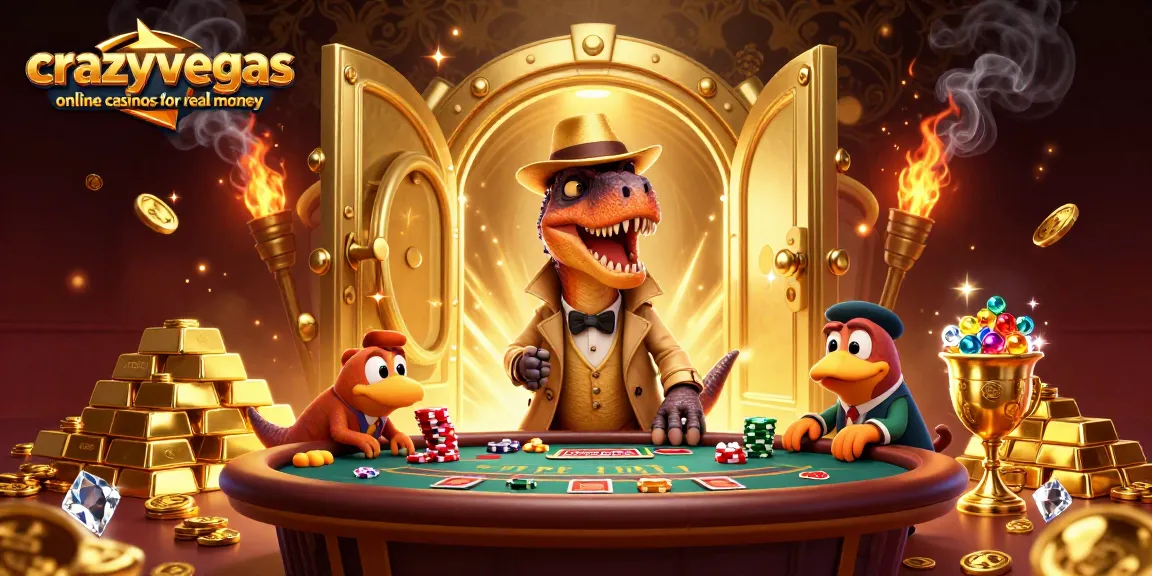 Engage with crazyvegas online casinos for real money as a velociraptor plays blackjack amidst a treasure-filled scene.
