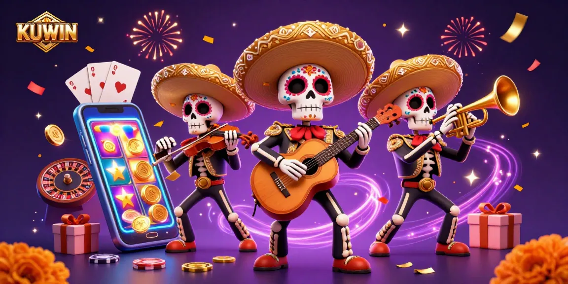 Experience vibrant gaming excitement with KUWIN in this 3D illustration featuring festive mariachi characters.