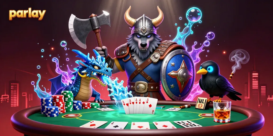 Bet on parlay variants with Viking warrior, dragon, and poker elements in dynamic scene.