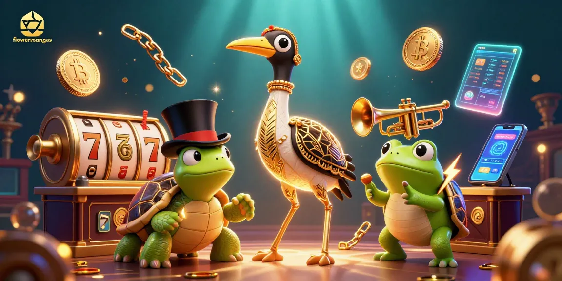 Spin the reels and win with flowermangas in a vibrant 3D casino scene featuring captivating characters and crypto elements.