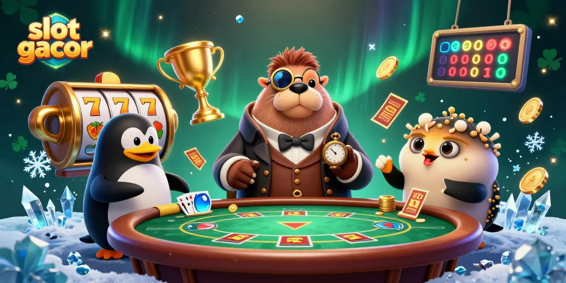 Menang besar di slot gacor dengan ilustrasi kasino yang meriah dan karakter unik.