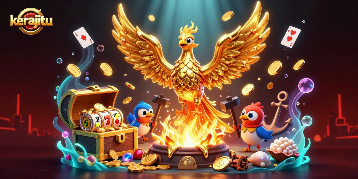 Spin for riches at kerajitu with a golden phoenix and slot reels in a vibrant casino scene.