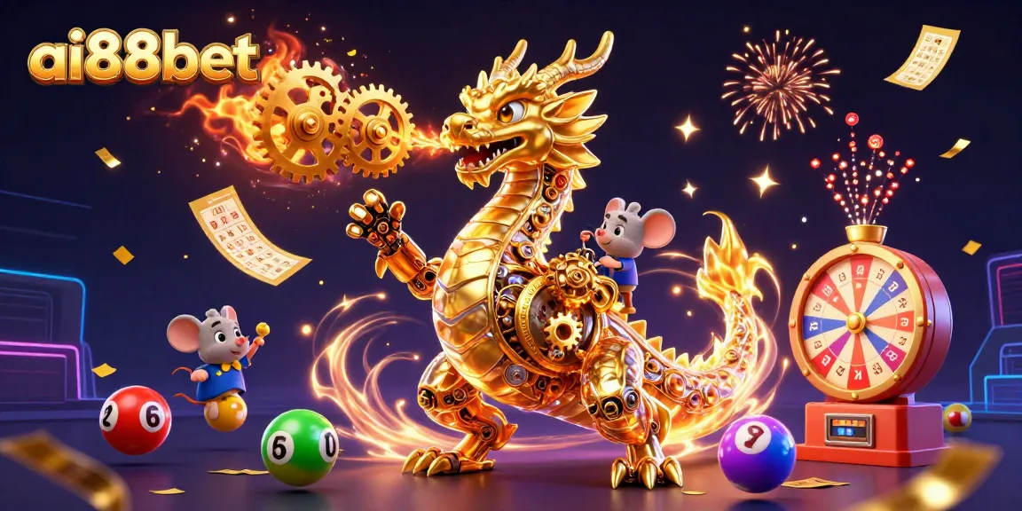 Win big with ai88bet at the magical gaming scene filled with vibrant lottery elements and a golden dragon.